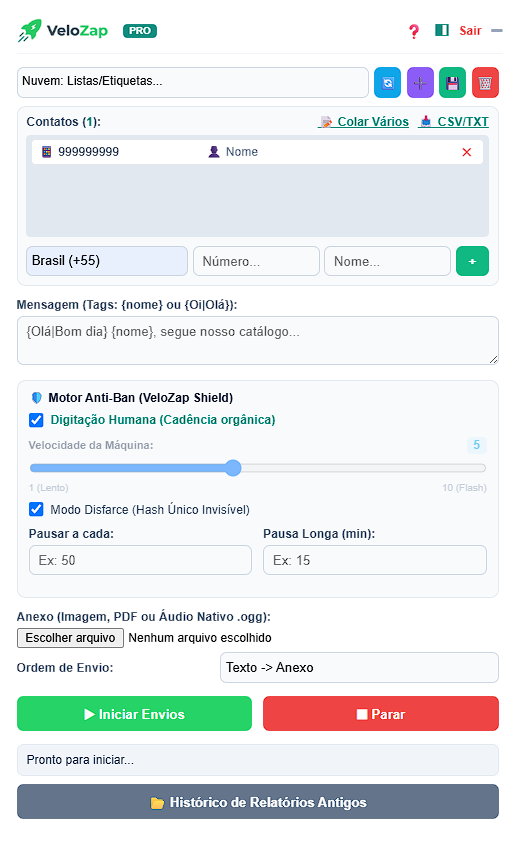 Interface do VeloZap